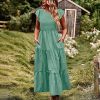 Women Summer Ruffle Cap Sleeve Casual Dress Smocked Bodice Maxi Dress with Pockets 2XL E05 W Pea Green