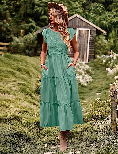 Women Summer Ruffle Cap Sleeve Casual Dress Smocked Bodice Maxi Dress with Pockets 2XL E05 W Pea Green