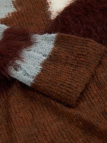 Women‘s Wool Color Block Sweater Knitted Boat Neck Bell Sleeve Pullover Sweatshirt Tops