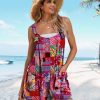Women's Summer Casual Rompers Boho Floral Short Overalls Adjustable Tie Knot Straps Loose Jumpsuits with Pockets PHY