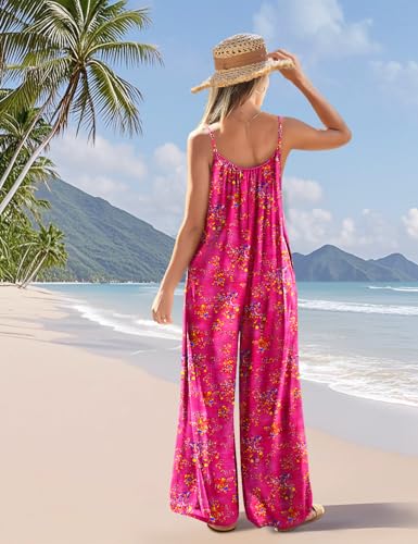 Casual Wide Leg Jumpsuits for Women Boho Floral Pleated Wide Leg Overalls Rompers Vacation Outfits with Pockets PIA