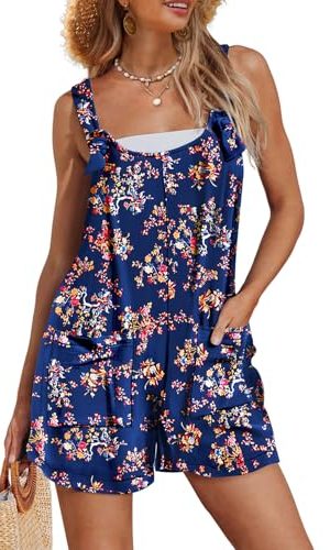 Women's Summer Casual Rompers Boho Floral Short Overalls Adjustable Tie Knot Straps Loose Jumpsuits with Pockets PHY