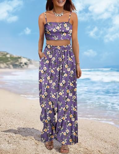 Women Summer Boho Palazzo Pants High Waist Wide Leg Floral Casual Cotton Lounge Trousers with Pockets PP0