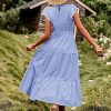Women Summer Ruffle Cap Sleeve Casual Dress Smocked Bodice Maxi Dress with Pockets 2XL E05 W Light Blue