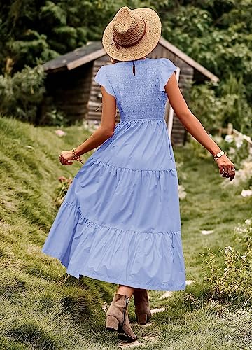 Women Summer Ruffle Cap Sleeve Casual Dress Smocked Bodice Maxi Dress with Pockets 2XL E05 W Light Blue
