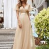 Women's Mother of Bride Dress Double V-Neck Empire Waist Front Wrap Tulle Bridesmaid Dress 07962