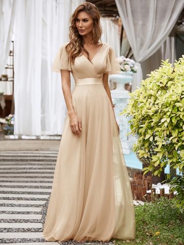 Women's Mother of Bride Dress Double V-Neck Empire Waist Front Wrap Tulle Bridesmaid Dress 07962