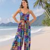 Casual Wide Leg Jumpsuits for Women Boho Floral Pleated Wide Leg Overalls Rompers Vacation Outfits with Pockets PIA