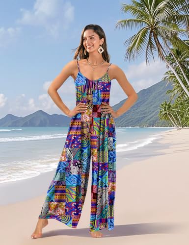 Casual Wide Leg Jumpsuits for Women Boho Floral Pleated Wide Leg Overalls Rompers Vacation Outfits with Pockets PIA