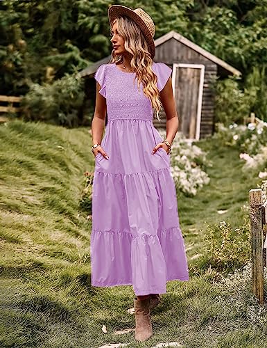 Women Summer Ruffle Cap Sleeve Casual Dress Smocked Bodice Maxi Dress with Pockets S E05 W Purple