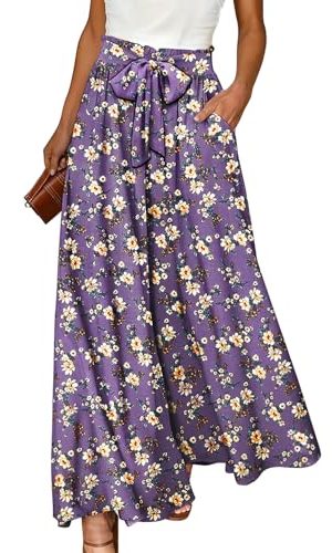 Women Wide Leg Pants High Waisted Floral Boho Palazzo Culottes Casual Flowy Tie Knot Trousers with Pockets PPS