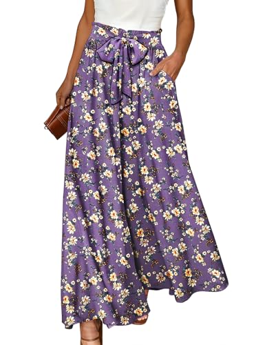 Women Wide Leg Pants High Waisted Floral Boho Palazzo Culottes Casual Flowy Tie Knot Trousers with Pockets PPS