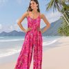 Casual Wide Leg Jumpsuits for Women Boho Floral Pleated Wide Leg Overalls Rompers Vacation Outfits with Pockets PIA