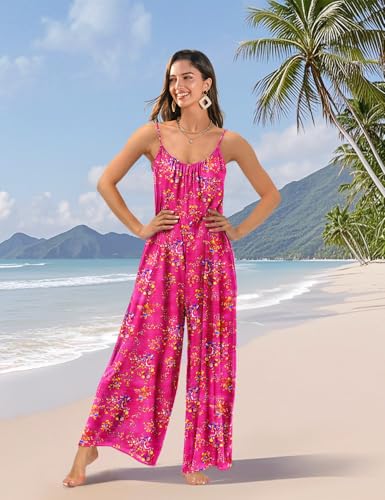 Casual Wide Leg Jumpsuits for Women Boho Floral Pleated Wide Leg Overalls Rompers Vacation Outfits with Pockets PIA