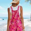 Women's Summer Casual Rompers Boho Floral Short Overalls Adjustable Tie Knot Straps Loose Jumpsuits with Pockets PHY