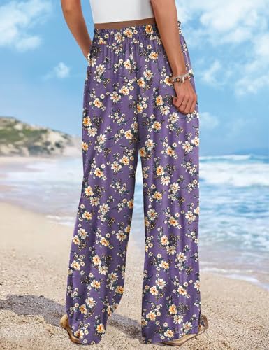 Women Summer Boho Palazzo Pants High Waist Wide Leg Floral Casual Cotton Lounge Trousers with Pockets PP0