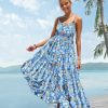 Summer Bohemian Floral Dresses for Women Spaghetti Straps Maxi Dress Casual Flowy Dresses with Pockets ES0