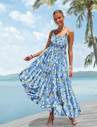 Summer Bohemian Floral Dresses for Women Spaghetti Straps Maxi Dress Casual Flowy Dresses with Pockets ES0