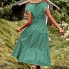 Women Summer Ruffle Cap Sleeve Casual Dress Smocked Bodice Maxi Dress with Pockets 2XL E05 W Pea Green