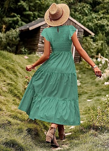 Women Summer Ruffle Cap Sleeve Casual Dress Smocked Bodice Maxi Dress with Pockets 2XL E05 W Pea Green