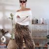 Denim Mid Waist Leopard Wide Leg Pants