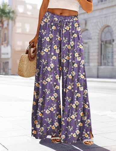 Women Summer Boho Palazzo Pants High Waist Wide Leg Floral Casual Cotton Lounge Trousers with Pockets PP0