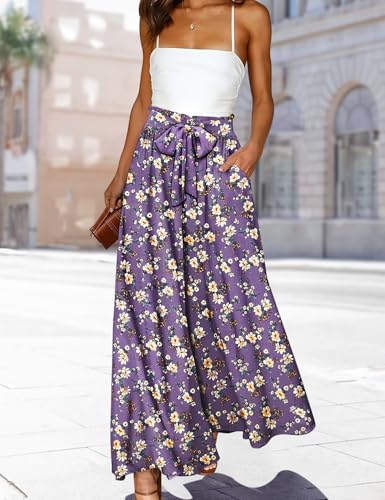 Women Wide Leg Pants High Waisted Floral Boho Palazzo Culottes Casual Flowy Tie Knot Trousers with Pockets PPS