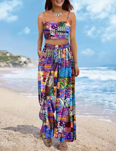 Women Summer Boho Palazzo Pants High Waist Wide Leg Floral Casual Cotton Lounge Trousers with Pockets S PP0 P002B