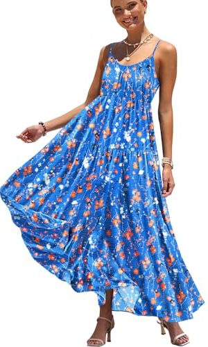 Summer Bohemian Floral Dresses for Women Spaghetti Straps Maxi Dress Casual Flowy Dresses with Pockets ES0