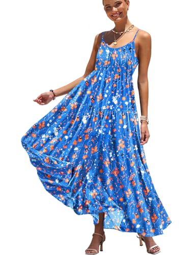 Summer Bohemian Floral Dresses for Women Spaghetti Straps Maxi Dress Casual Flowy Dresses with Pockets ES0