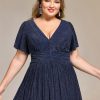 Women's V Neck Short Sleeves A Line Glitter Midi Plus Size Formal Wedding Guest Dresses