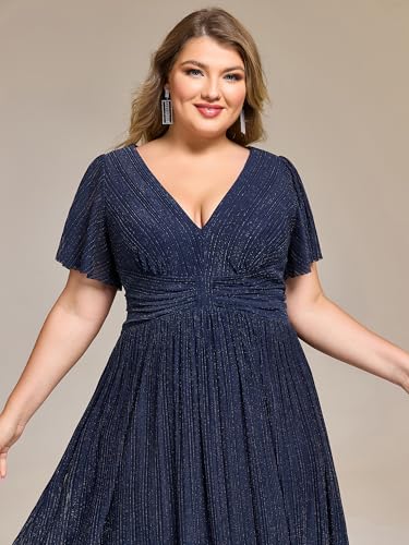 Women's V Neck Short Sleeves A Line Glitter Midi Plus Size Formal Wedding Guest Dresses