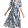 Summer Floral Midi Dresses for Women V Neck Puff Short Sleeve Frill Trim Dress with Pockets EVX