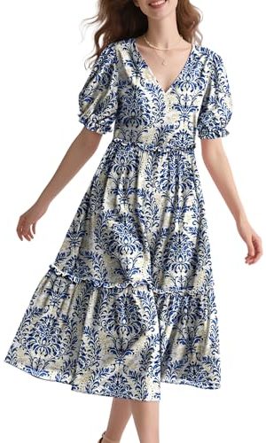 Summer Floral Midi Dresses for Women V Neck Puff Short Sleeve Frill Trim Dress with Pockets EVX