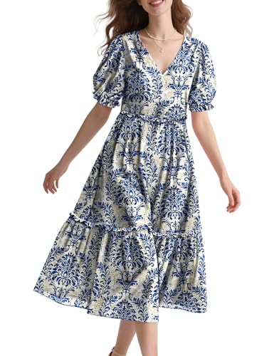 Summer Floral Midi Dresses for Women V Neck Puff Short Sleeve Frill Trim Dress with Pockets EVX