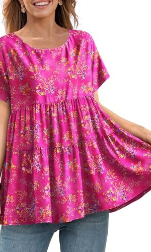 Women's Casual Short Sleeve Shirts Summer Floral Loose Tiered Swing Tunics Tops Blouses BEL