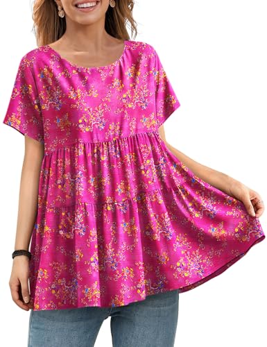 Women's Casual Short Sleeve Shirts Summer Floral Loose Tiered Swing Tunics Tops Blouses BEL
