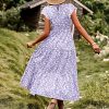 Women Summer Dresses Ruffle Cap Sleeve Casual Dress Boho Smocked Bodice Maxi Dress with Pockets E05