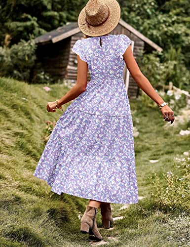 Women Summer Dresses Ruffle Cap Sleeve Casual Dress Boho Smocked Bodice Maxi Dress with Pockets E05