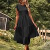 Women Summer Ruffle Cap Sleeve Casual Dress Smocked Bodice Maxi Dress with Pockets M E05 W Black