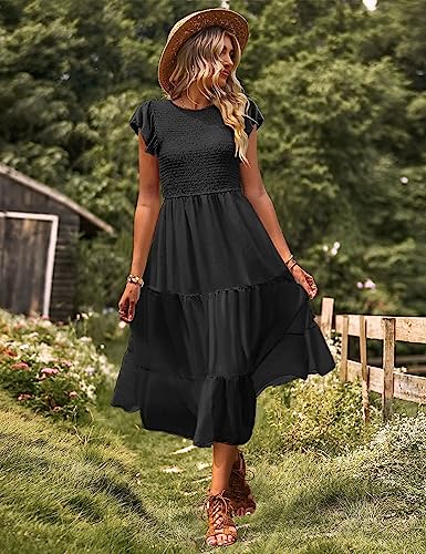 Women Summer Ruffle Cap Sleeve Casual Dress Smocked Bodice Maxi Dress with Pockets M E05 W Black