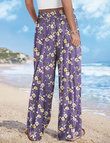 Women Summer Boho Palazzo Pants 2024 High Waist Wide Leg Floral Casual Cotton Lounge Trousers with Pockets 2XL PP0 CR008