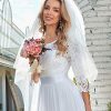 Women's Round Neck Lace 3/4 Sleeves Floor Length A Line Wedding Dress 07412-PH