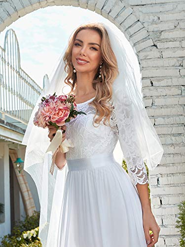 Women's Round Neck Lace 3/4 Sleeves Floor Length A Line Wedding Dress 07412-PH