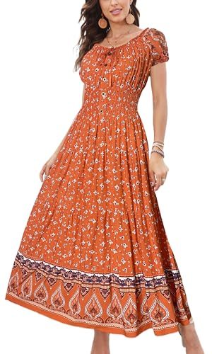 Women's 2025 Summer Short Sleeves Boho Floral Print Tiered Casual Flowy Long Maxi Dress