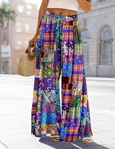 Women Summer Boho Palazzo Pants High Waist Wide Leg Floral Casual Cotton Lounge Trousers with Pockets S PP0 P002B