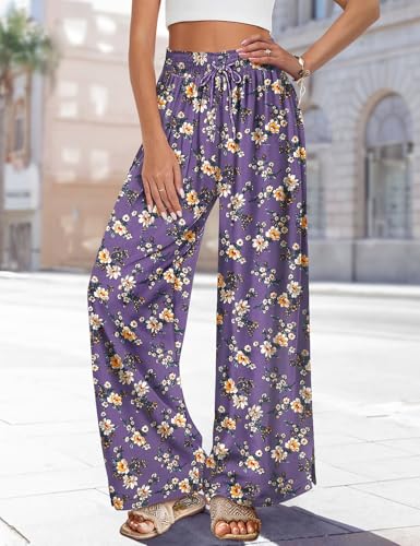 Women Summer Boho Palazzo Pants High Waist Wide Leg Floral Casual Cotton Lounge Trousers with Pockets PP0