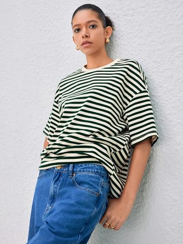 Striped Oversized Top for Women Crew Neck Short Sleeve Loose Casual Tops