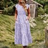 Women Summer Dresses Ruffle Cap Sleeve Casual Dress Boho Smocked Bodice Maxi Dress with Pockets E05