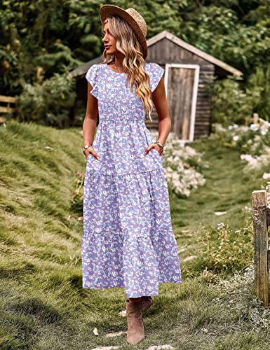 Women Summer Dresses Ruffle Cap Sleeve Casual Dress Boho Smocked Bodice Maxi Dress with Pockets E05